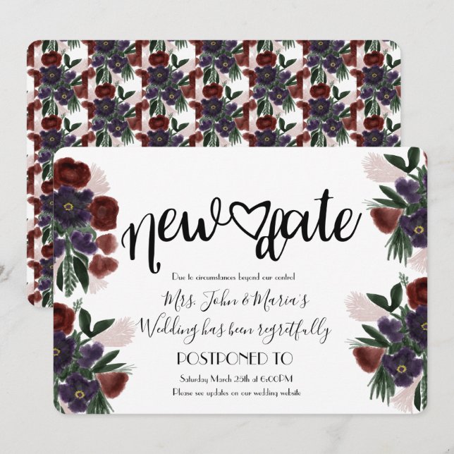 Burgandy Floral  New Date Cancellation Wedding Invitation (Front/Back)