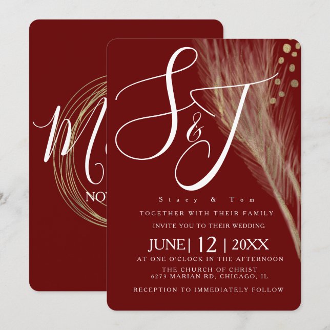 Burgandy Gold Foil Pampas Wedding Suite Invitation (Front/Back)