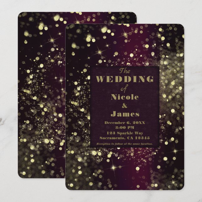 Burgandy & Gold Sparkling Lights Glam Wedding Invitation (Front/Back)