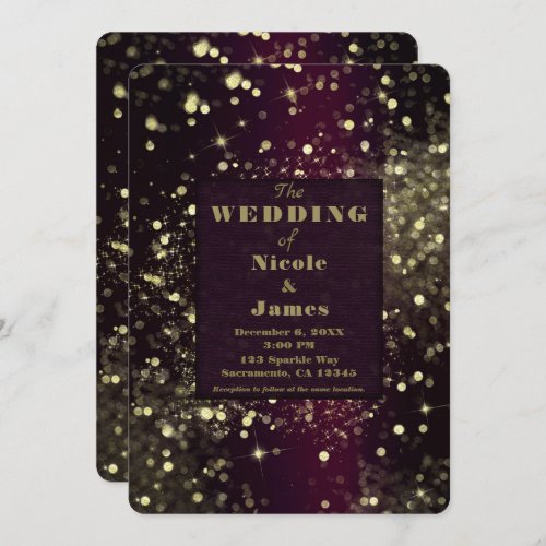 Burgandy  Gold Sparkling Lights Glam Wedding Invitation