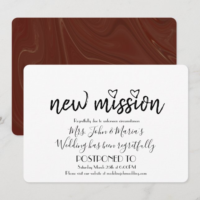Burgandy Marble New Mission Wedding Date Change Invitation (Front/Back)