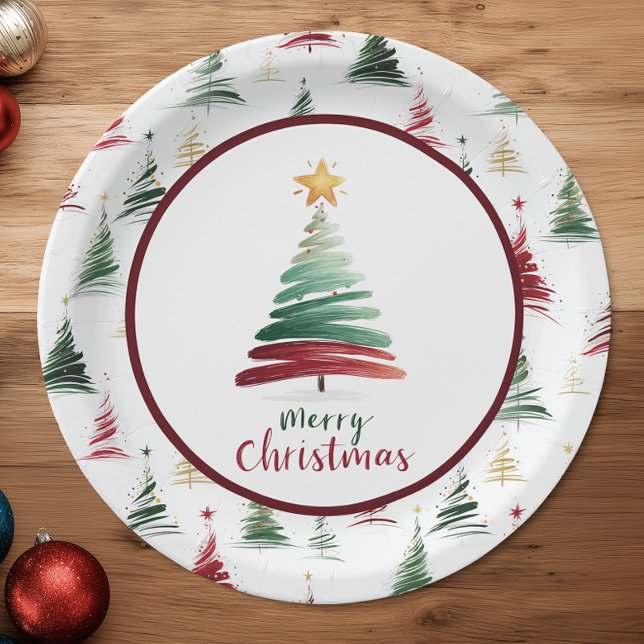Burgandy Minimalist Christmas Tree Pattern Paper Plates (Creator Uploaded)