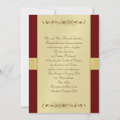 Burgandy Modern Photo Frame Gold Ribbon Invitation | Zazzle