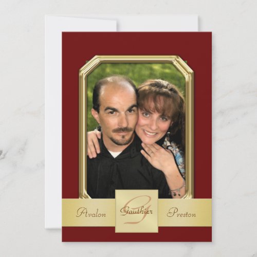 Burgandy Modern Photo Frame Gold Ribbon Invitation 5" X 7" Invitation Card