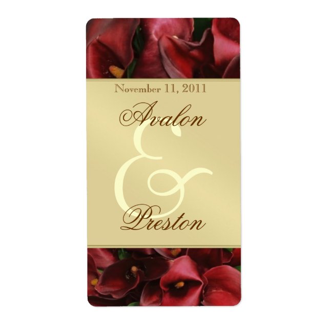 Burgandy Red Cali Lilies Gold Wine Wedding Label (Front)