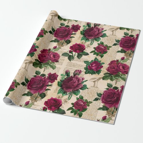 Burgandy Roses on Vintage Newsprint Wrapping Paper