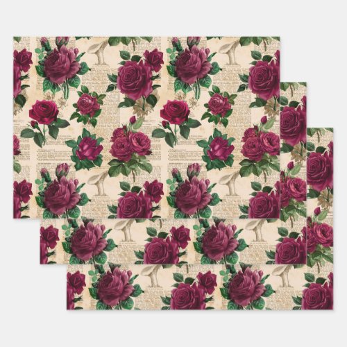 Burgandy Roses on Vintage Newsprint Wrapping Paper Sheets