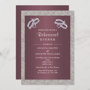 Burgandy, Sparkly Silver Rings Rehearsal Dinner Invitation