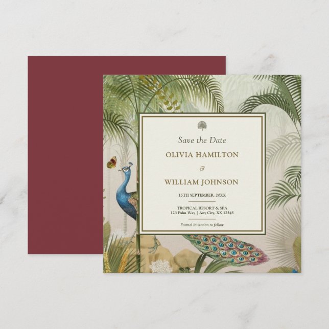 Burgandy Square Tropical Peacock Palm Save The Date (Front/Back)