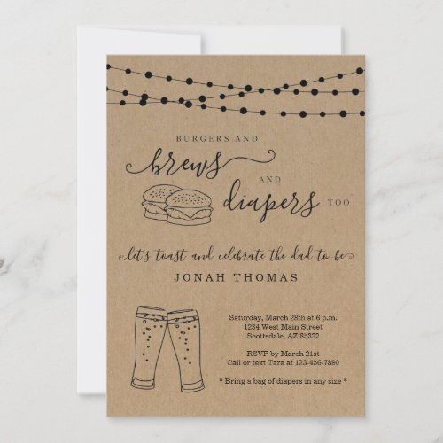 Burger and Brews and Diapers Too Men's Baby Shower Invitation - Invitation features hand-drawn burgers and beer toast artwork on a wonderfully rustic kraft background for your diaper party.

Coordinating RSVP, Details, Registry, Thank You cards and other items are available in the 'Rustic Brewery Line Art' Collection within my store.