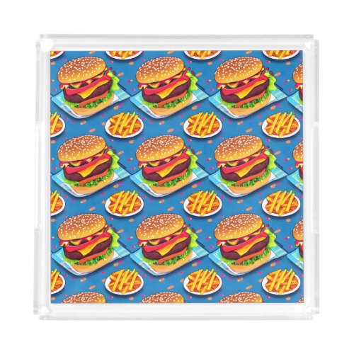 Burger and Fries Colorful Cartoon Illustration Acrylic Tray