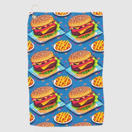 Burger and Fries Colorful Cartoon Illustration Golf Towel
