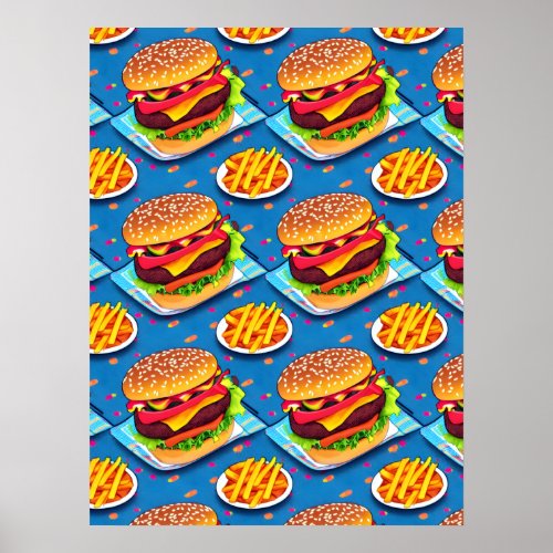 Burger and Fries Colorful Cartoon Illustration Poster