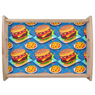 Burger and Fries Colorful Cartoon Illustration Serving Tray