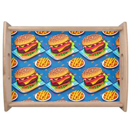 Burger and Fries Colorful Cartoon Illustration Serving Tray