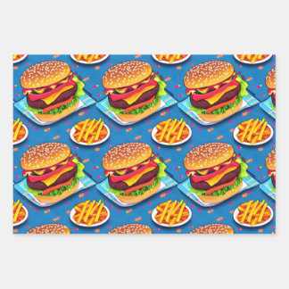 Burger and Fries Colorful Cartoon Illustration Wrapping Paper Sheets