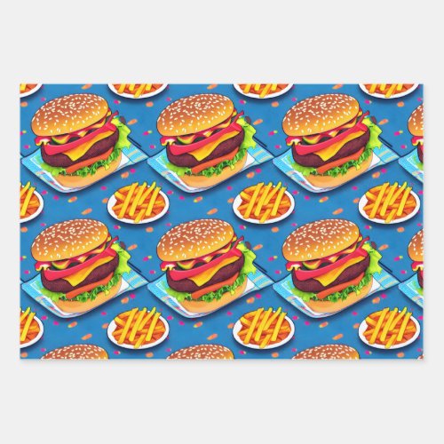 Burger and Fries Colorful Cartoon Illustration Wrapping Paper Sheets