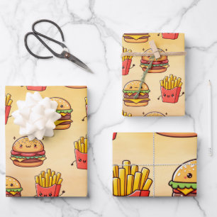 Burger and Fries Fun Kawaii Wrapping Paper Sheets