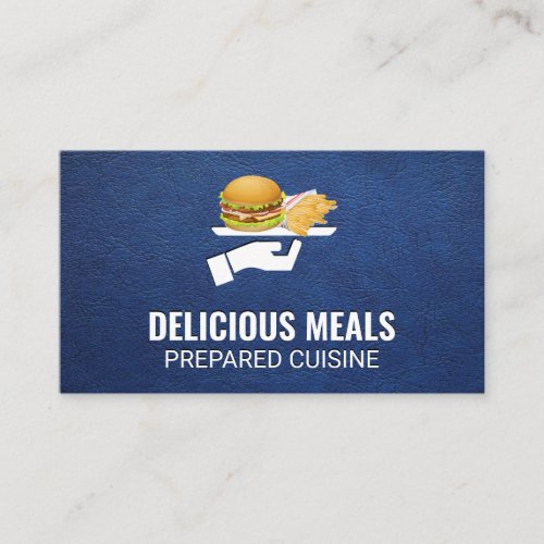 Burger and Fries Served  Blue Leather Background Business Card