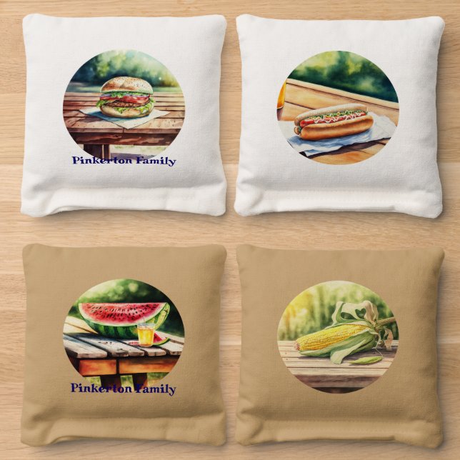 Burger and Watermelon Picnic Personalized Cornhole Bags (Wood)