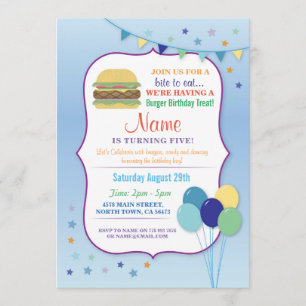 Burger Birthday Party Blue Balloon Birthday Invite