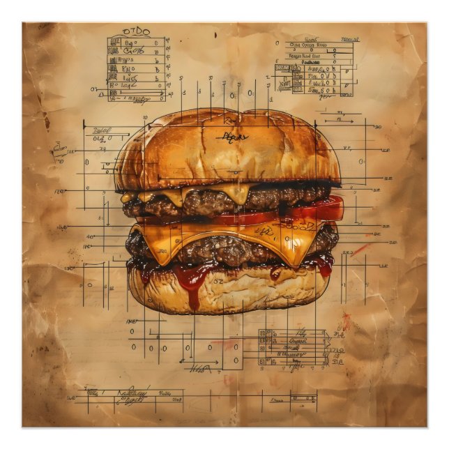 Burger Blueprint Vintage Photo Print (Front)