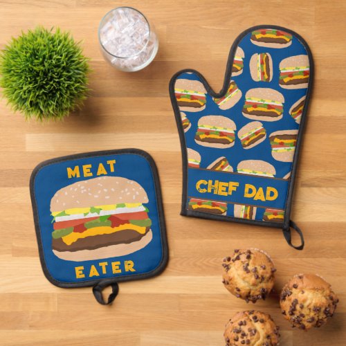 Burger Chef Dad Personalized Meat Eater Oven Mitt  Pot Holder Set