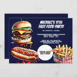 Burger fries hotdog fast food party blue invitation