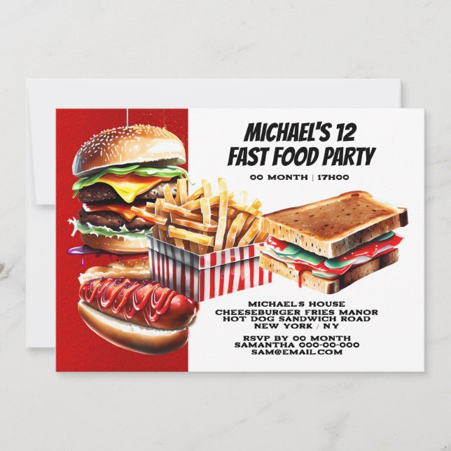 Burger fries hotdog fast food party red invitation (Front)