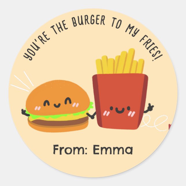 Burger Fries Valentine Stickers - Cute Kids (Front)