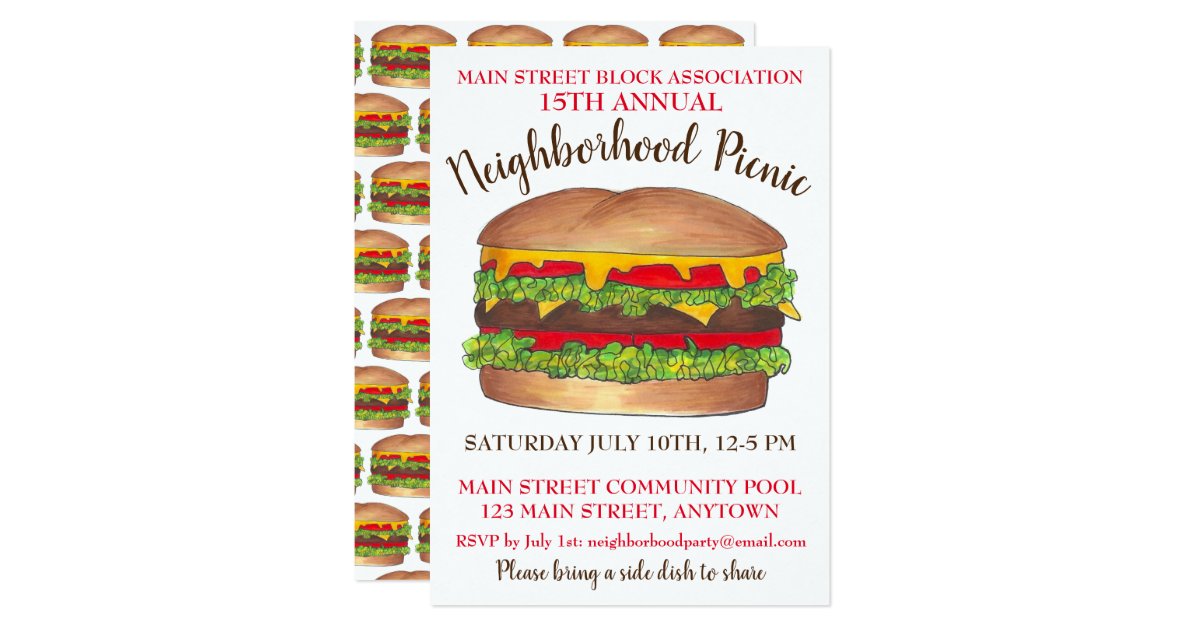Burger Hamburger Cheeseburger Picnic Cookout Party Invitation