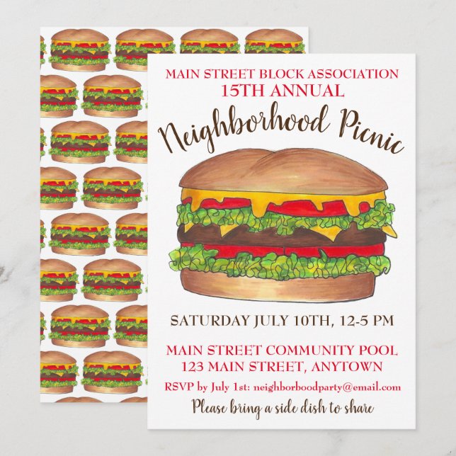 Burger Hamburger Cheeseburger Picnic Cookout Party Invitation (Front/Back)