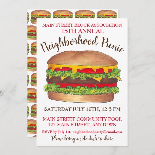 Burger Hamburger Cheeseburger Picnic Cookout Party Invitation