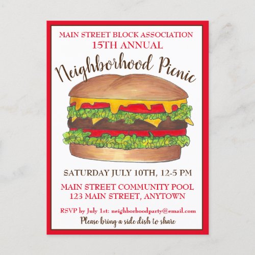 Burger Hamburger Cheeseburger Picnic Cookout Party Invitation Postcard