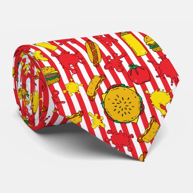 Burger Hot Dog Condiments Diner Food Patterned Neck Tie (Rolled)