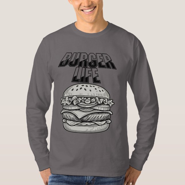 Burger Life T-Shirt – Retro Line Art Cheeseburger  (Front)
