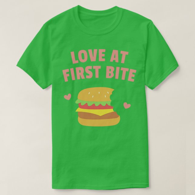 Burger Love At First Bite Funny T-Shirt (Design Front)