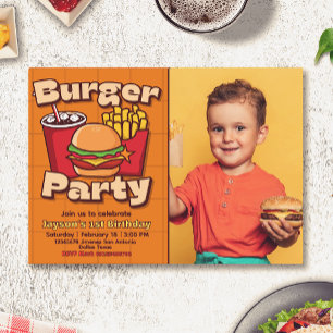 Burger Party Boy Birthday with Photo Invitation