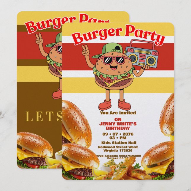Burger Party Themed Invitation (Front/Back)