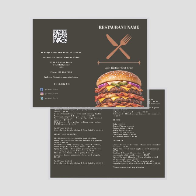 Burger Restaurant Personalized  Menu (Folded Front/Back)