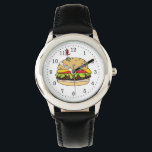 Burger Time Watch<br><div class="desc">It's burger time! This watch features a colorful graphic of a cheeseburger, complete with tomatoes, lettuce, sesame seed bun, and a fancy toothpick with an olive. Hour numbers and dots for minutes/seconds are included.</div>
