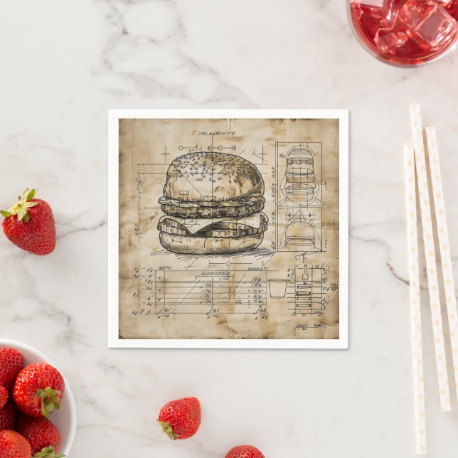 Burger Vintage Blueprint Napkins (Insitu)