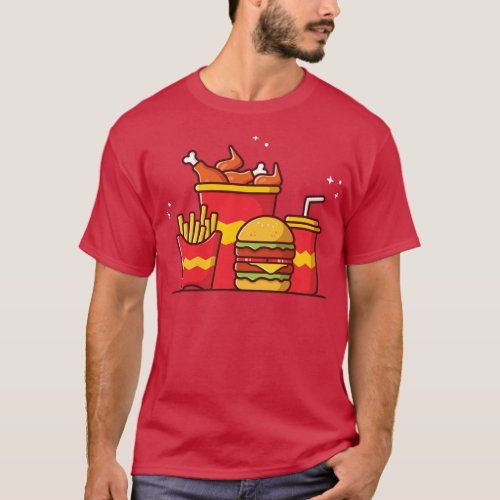 Burger with Fried Chicken French Fries And Soda T_Shirt