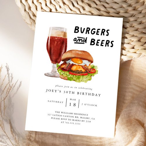 Burgers and Beers BBQ Birthday Party Invitation