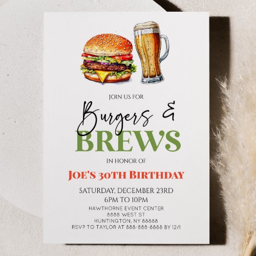 Burgers and Brews Beer Glass Birthday Party Invitation