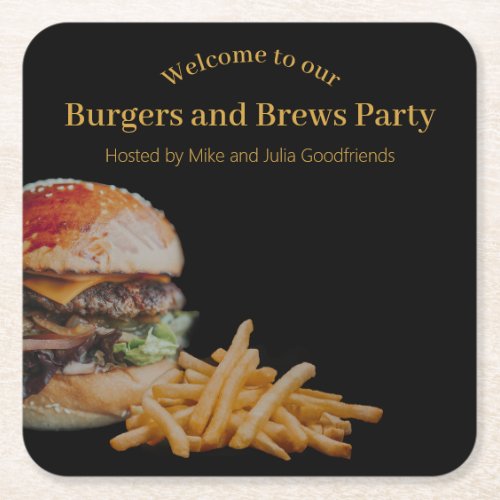 Burgers and Brews Party Square Paper Coaster