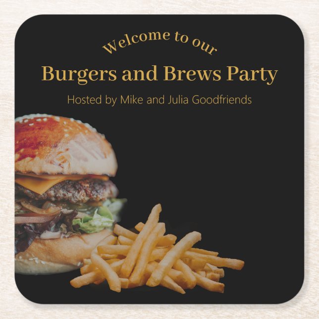 Burgers and Brews Party Square Paper Coaster (Front)