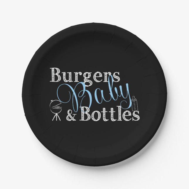Burgers Baby Bottles Babyq BBQ Baby Boy Blue Paper Plates (Front)