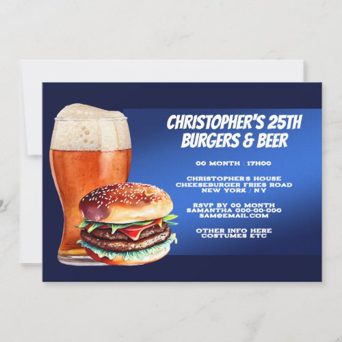 Burgers beer bbq grilling chilling realistic blue invitation