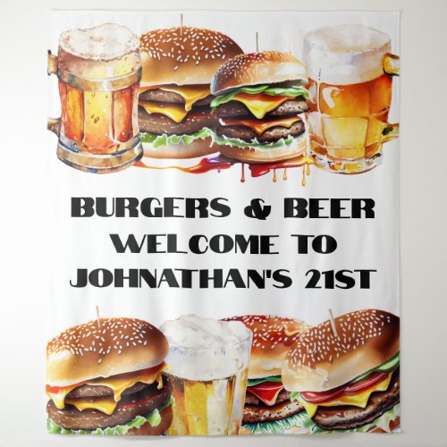 Burgers beer grilling chilling hamburger bbq tapestry